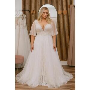 Sparkling A-Line Wedding Dress with Sleeves | Size 26 Bridal | Sample Gown